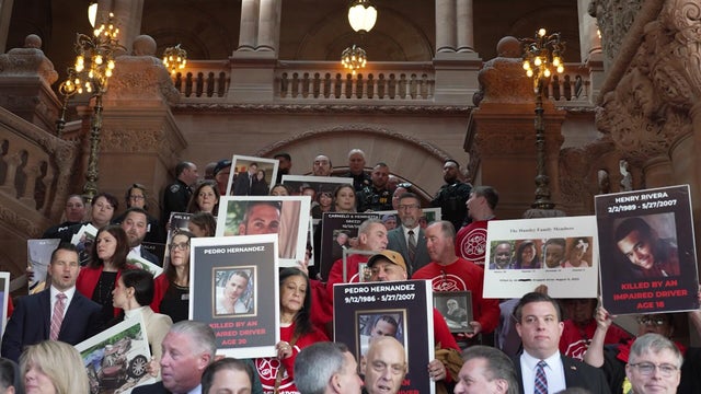 People holding signs with photos of people who have died stand on the stairs of the New York state Capitol building. 