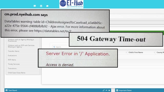 Screenshots of errors for the Early Intervention Program hub. 